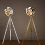Lampadaire trépied projecteur métal et en bois argenté et doré - L'Atelier Imbert