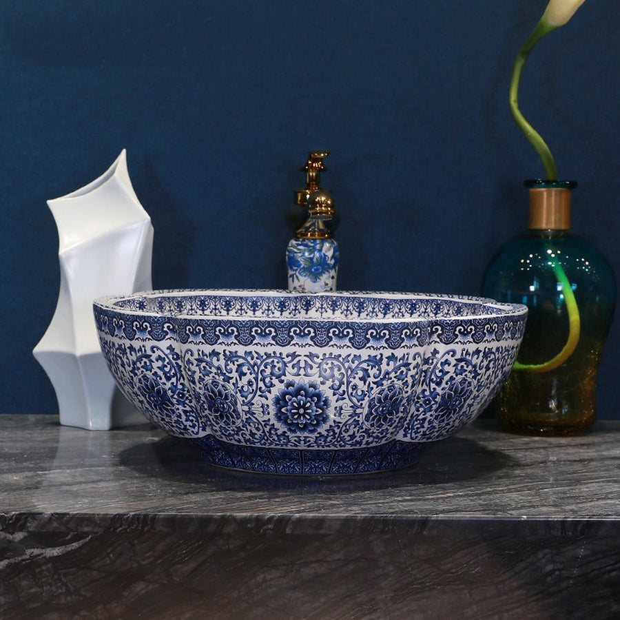 Ensemble vasque à poser en céramique bleu et blanc - L'Atelier Imbert
