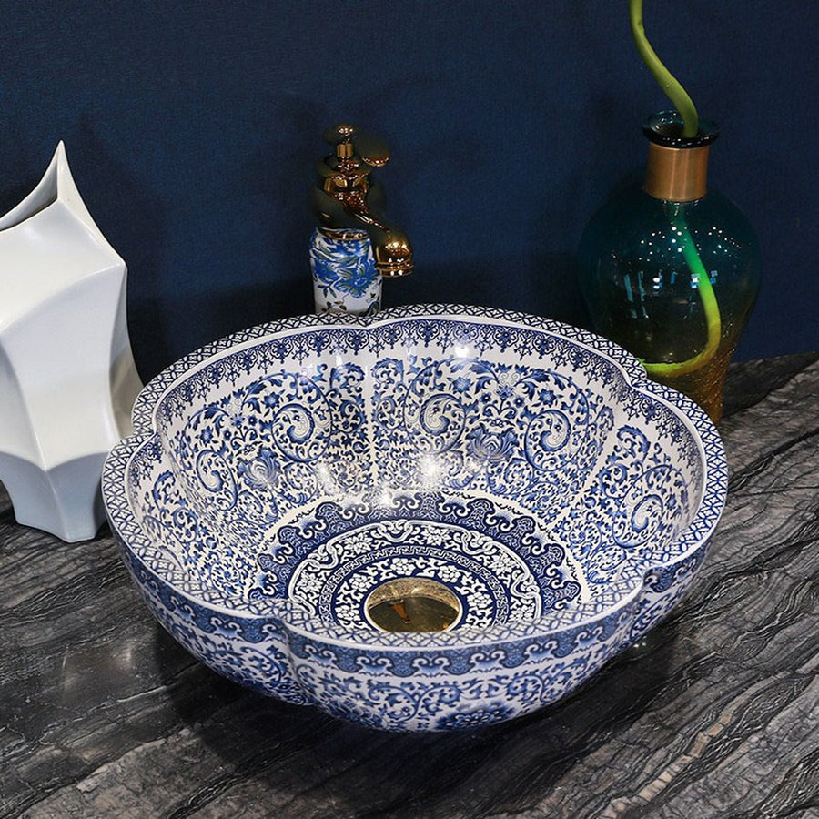 Ensemble vasque à poser en céramique bleu et blanc - L'Atelier Imbert